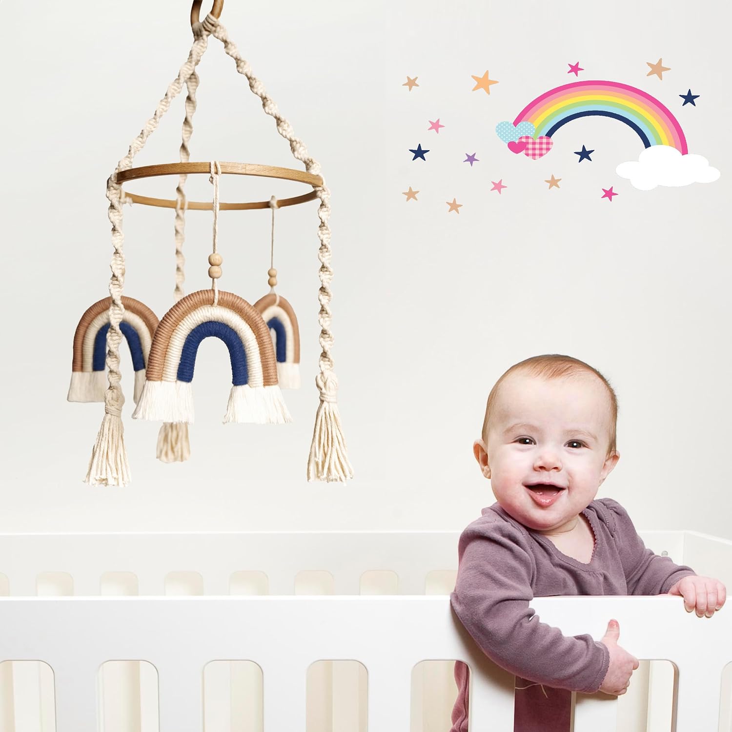 Móvil para cuna, móvil de bebé arcoíris, móvil hecho a mano para cuna, móvil de macramé para cuna, móvil de cuna bohemio, móvil de cuna natural para