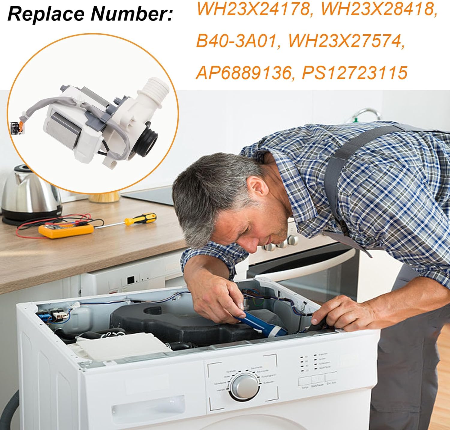 WH23X24178, WH23X28418, B40-3A01 Conjunto de bomba de drenaje de lavadora compatible con GE Clothes Washer GTW, modelos de la serie HTW, reemplaza