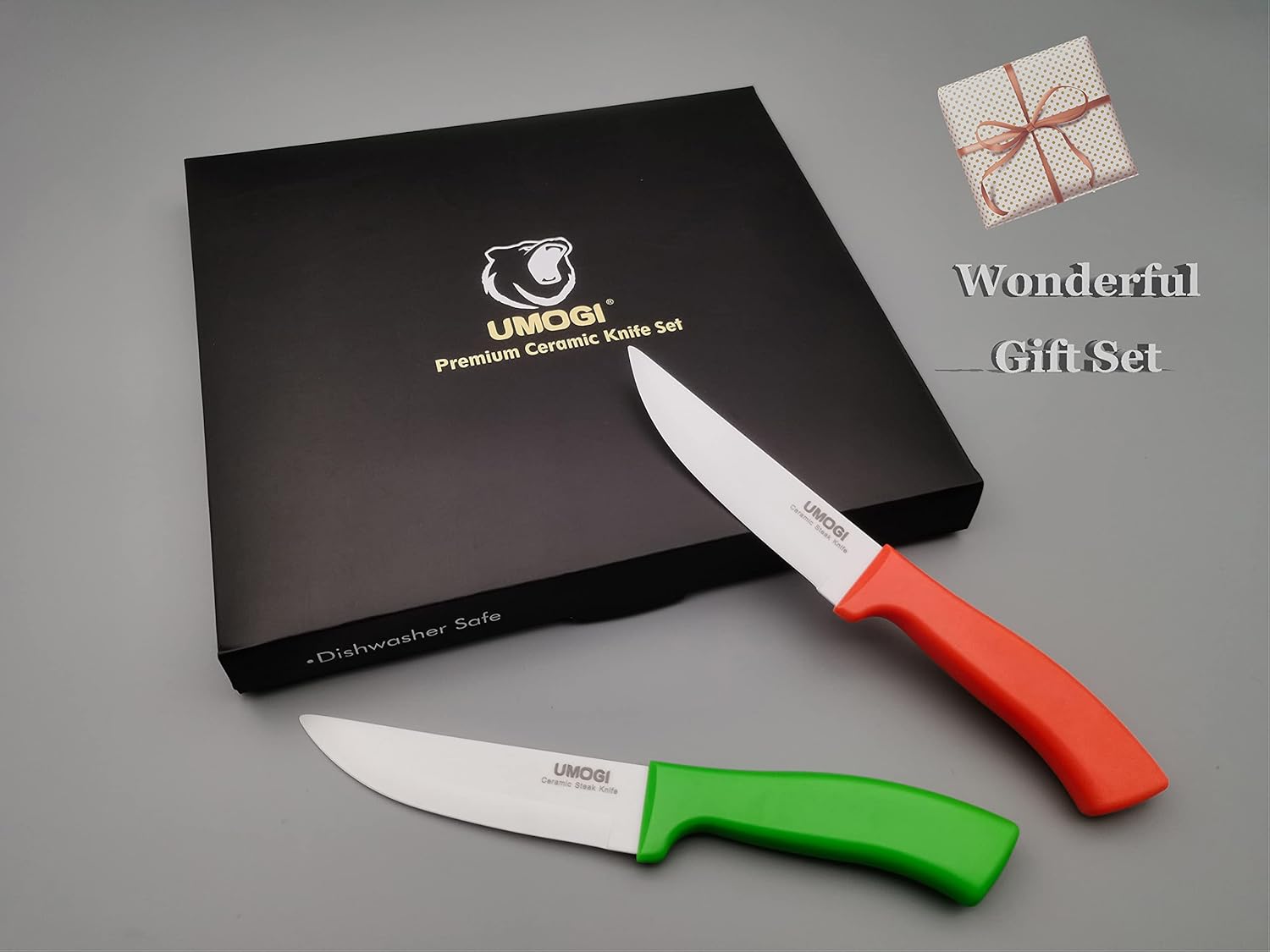 Juego de 4 cuchillos de cerámica para carne con fundas en caja de regalo, cuchillo utilitario de gran tamaño, saludable, resistente a las manchas y