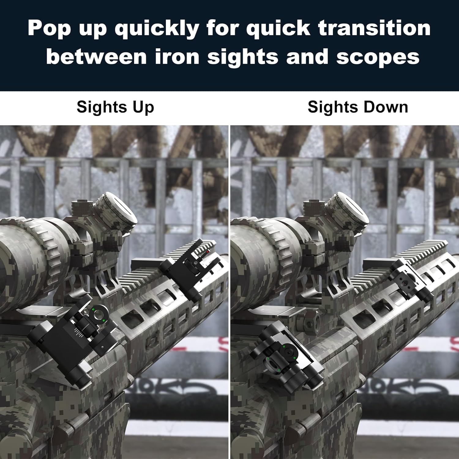 Feyachi Vistas de hierro compensadas de 45 grados Flip Up BUIS Transición rápida Backup Front y Rear Iron Sight Set Picatinny Weaver Rails