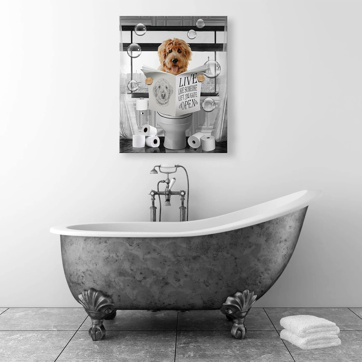 Divertido perro sentado en el inodoro, decoración de baño, arte de pared, cuadros de perros en blanco y negro, pintura de animales para baño, baño,