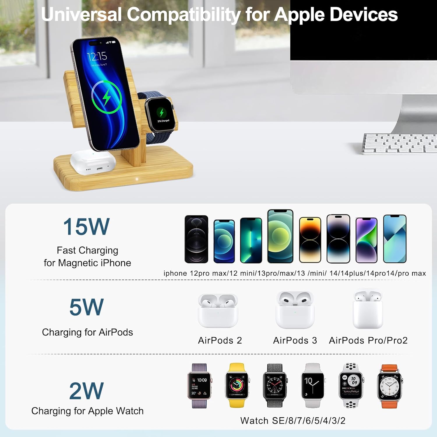 Estación de carga inalámbrica para dispositivos Apple, soporte de cargador de bambú 3 en 1, cargador inalámbrico magnético rápido de 20 W para