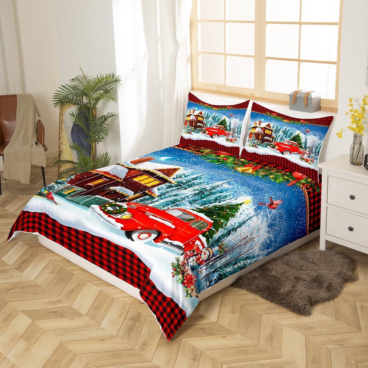 Juego de funda de edredón de Navidad para niños, tamaño King, juego de ropa de cama retro de camión rojo y vista de nieve de invierno, 3 piezas,