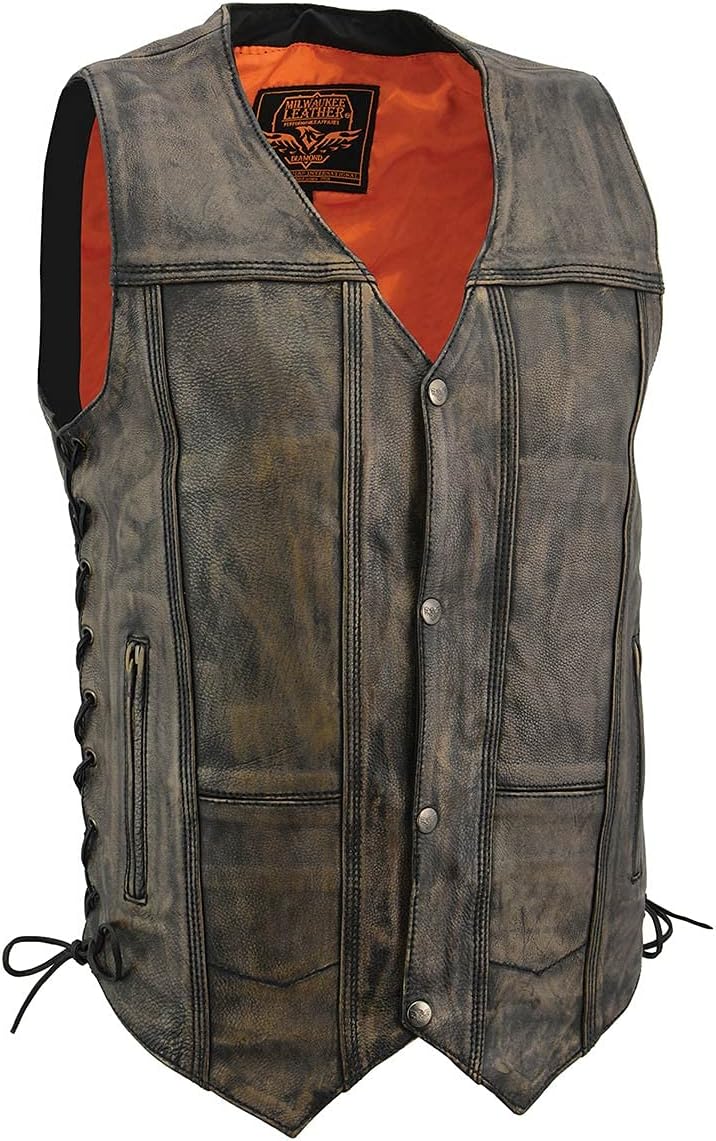 Milwaukee Leather Chaleco clásico de cuero con cuello en V para motociclista para hombre, Mlm3540-negroBeige