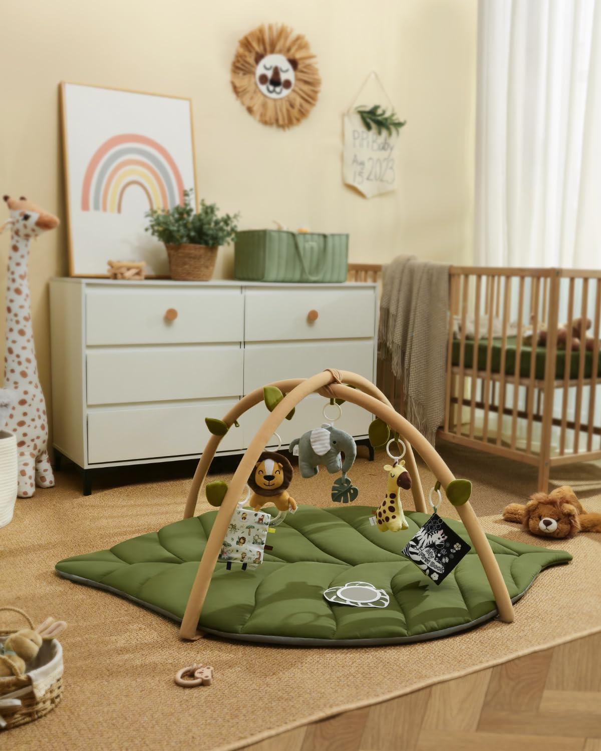 Blissful Diary Tapete de gimnasio y actividades para bebés, tapete de juego para bebés en forma de hoja de gran tamaño con 6 juguetes desmontables,