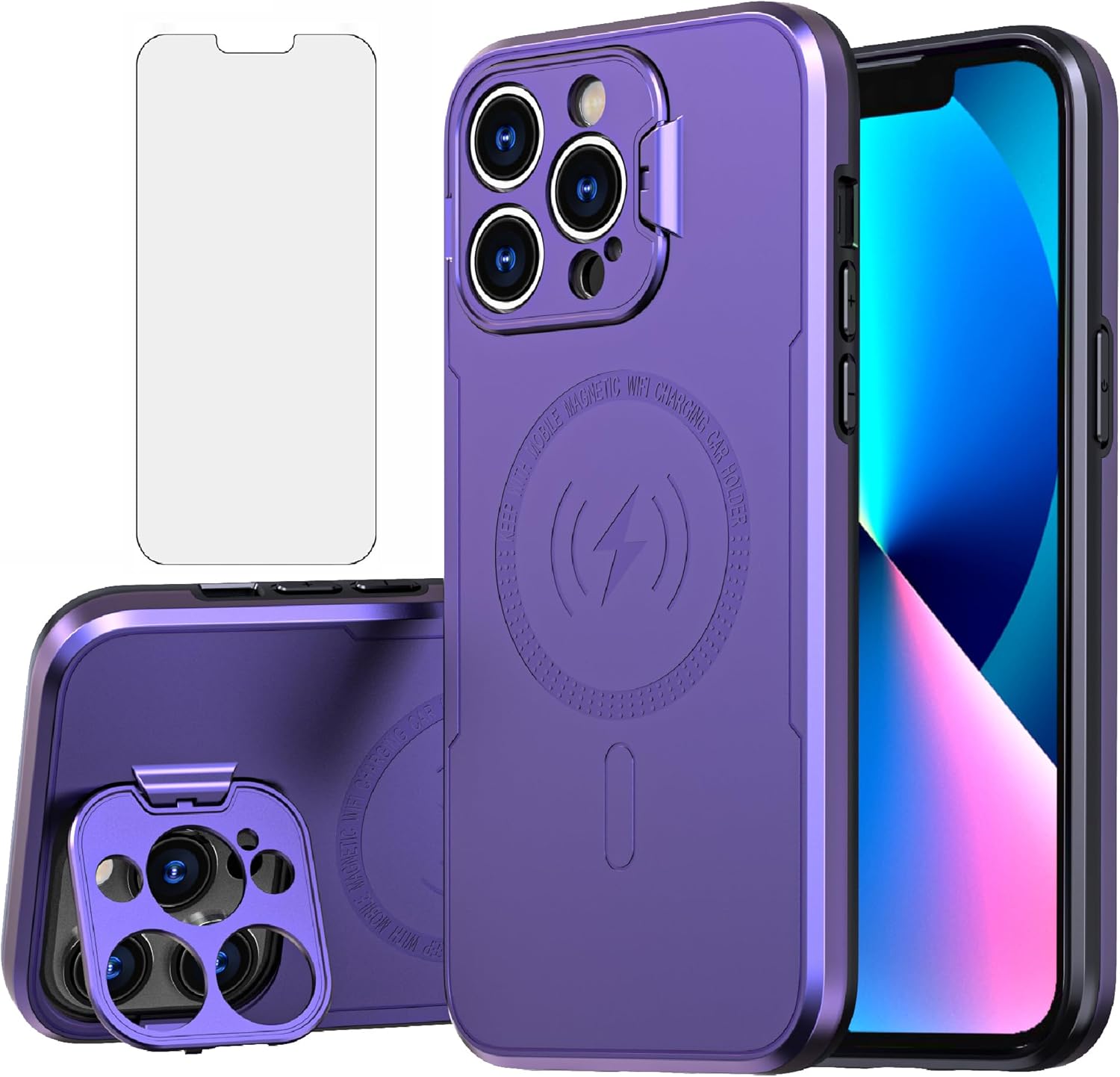 Asuwish Funda de teléfono para iPhone 13 Pro de 6.1 pulgadas con protector de pantalla de vidrio templado Magsafe y soporte delgado, funda híbrida