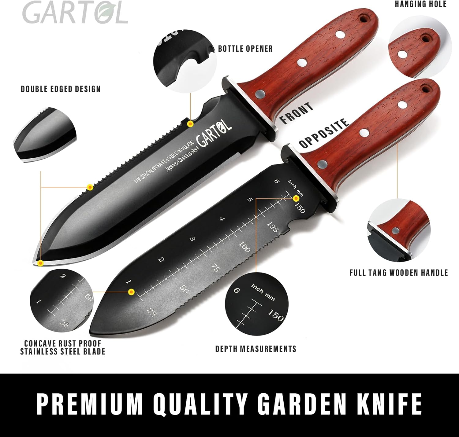 GARTOL Hori Hori – Cuchillo de jardín, herramientas de jardín con funda para deshierbar, excavar, cortar y plantar, con hoja de acero inoxidable de