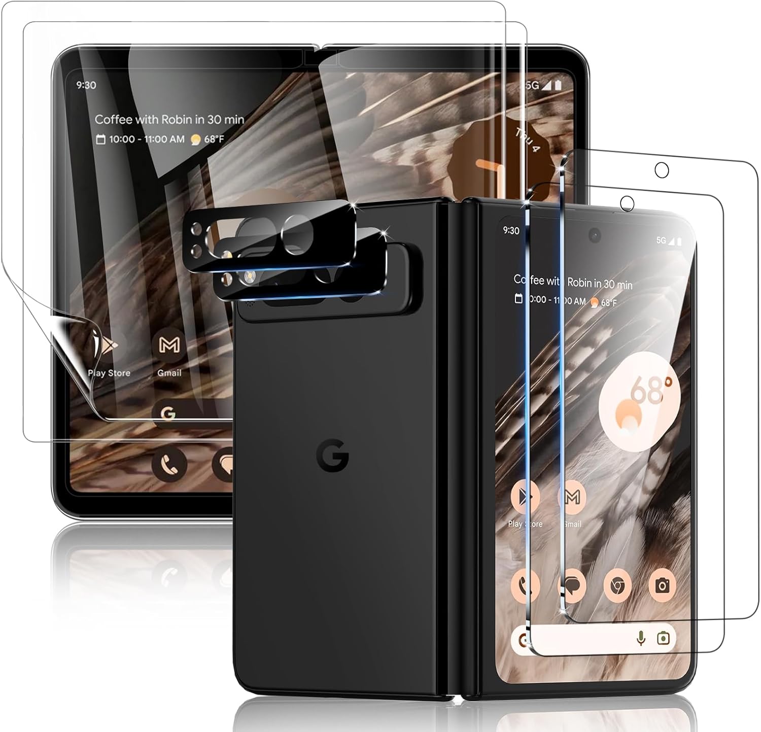 Paquete de 6 protectores de pantalla para Google Pixel Fold 5G, protector de pantalla frontal de vidrio templado + protector de pantalla interior de