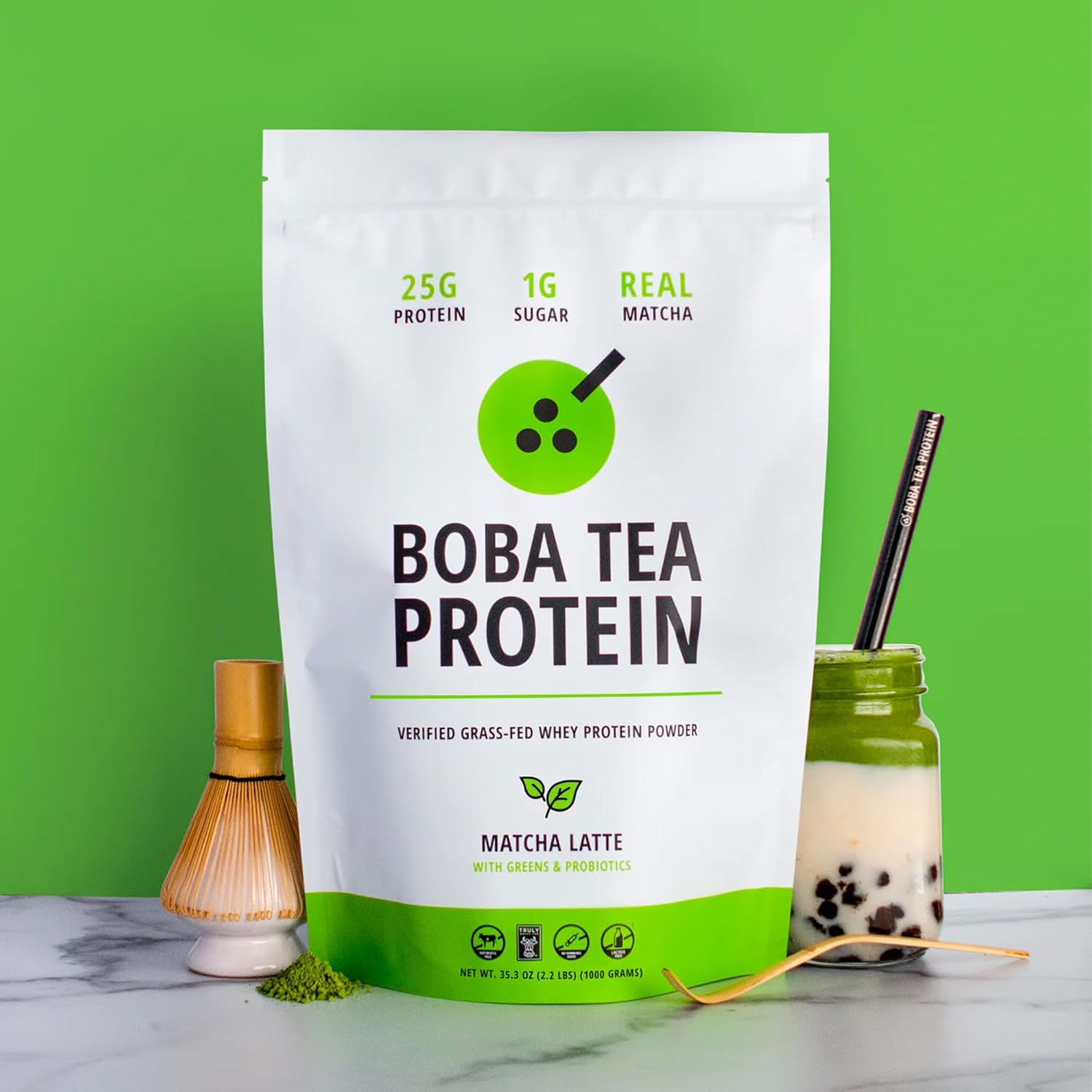 Boba Tea Protein Matcha Latte  25g Grass-Fed Whey Protein Isolate Powder  Gluten-Free & Soy-Free Bubble Tea Protein Drink  Real Ingredients &