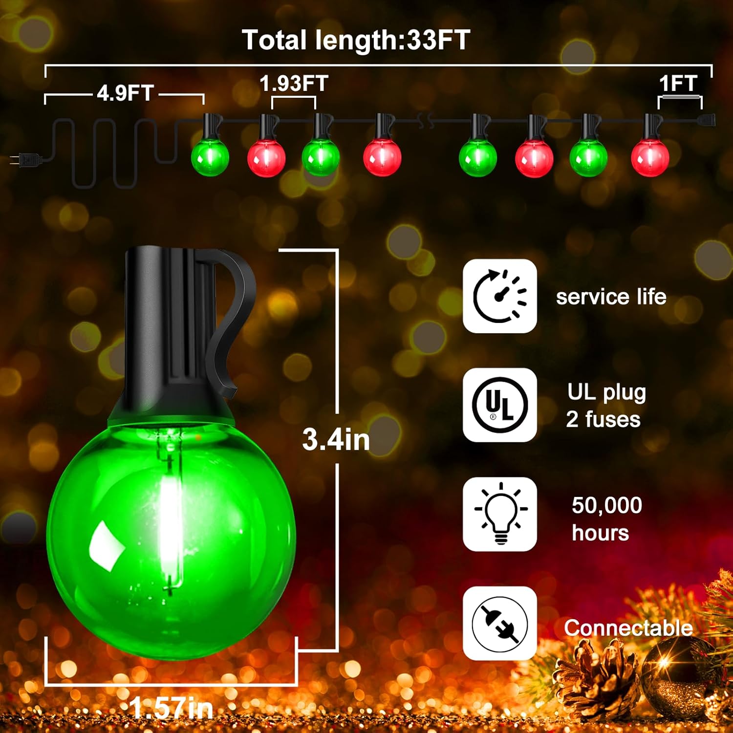 KNONEW Guirnalda de luces LED de Navidad de 33 pies para exteriores, 15 bombillas rojas y verdes G40, impermeables, inastillables, luz colgante para