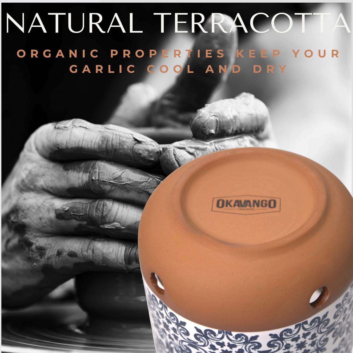 Okavango – Contenedor de ajo de terracota – Almacenamiento de ajo – Encimera de ajo – Soporte para ajo – Soporte de cerámica para ajo – Tarro de ajo