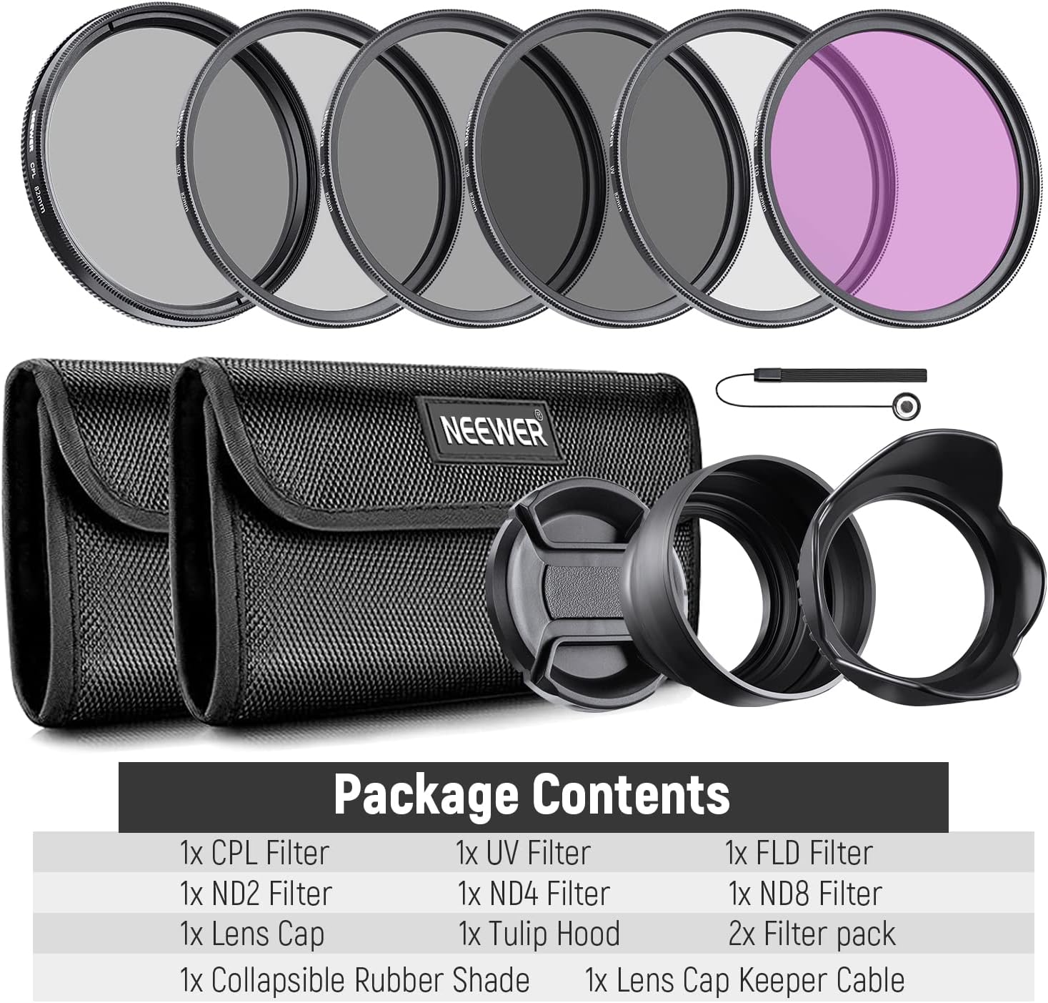 NEEWER Paquete de filtros ND de 3.228 in y accesorios para lentes, ND2 ND4 ND8 UV FLD CPL Kit de filtro con tapa de lente