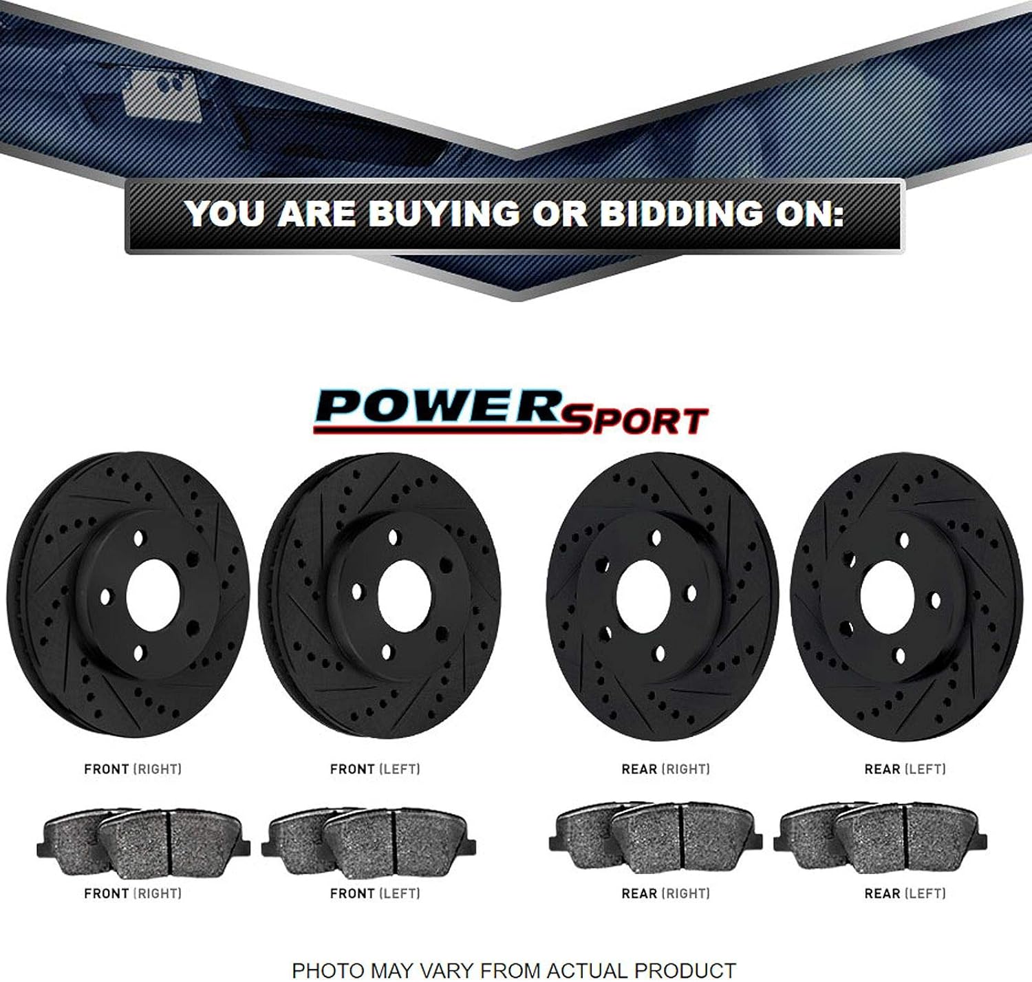 PowerSport – Kit de frenos y rotores delanteros y traseros  Pastillas de freno delanteras y traseras, rotores de freno y pastillas de freno de