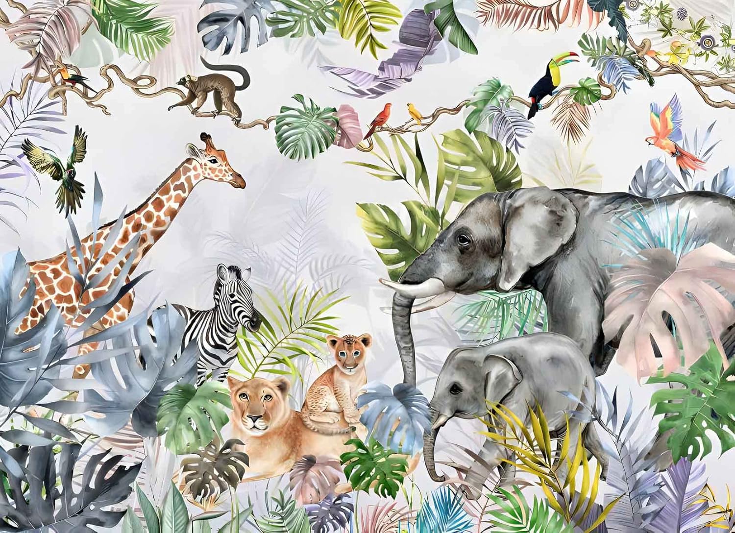 Papel tapiz de safari para niños con animales, selva, acuarela, animales, guardería, decoración de habitación infantil (no se pega ni se pega)