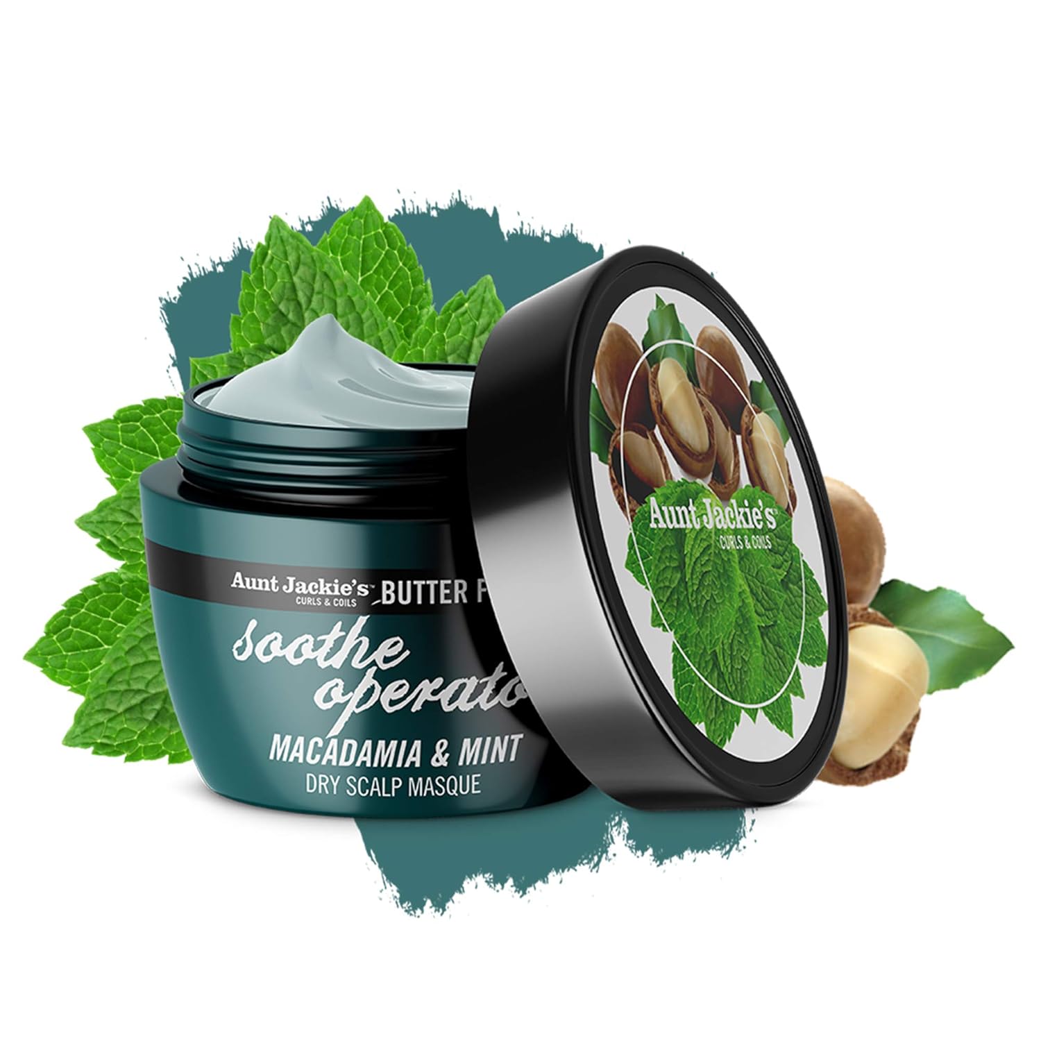 Aunt Jackie’s Butter Fusions Soothe Operator – Mascarilla acondicionadora de cuero cabelludo seco de macadamia y menta, 8 onzas