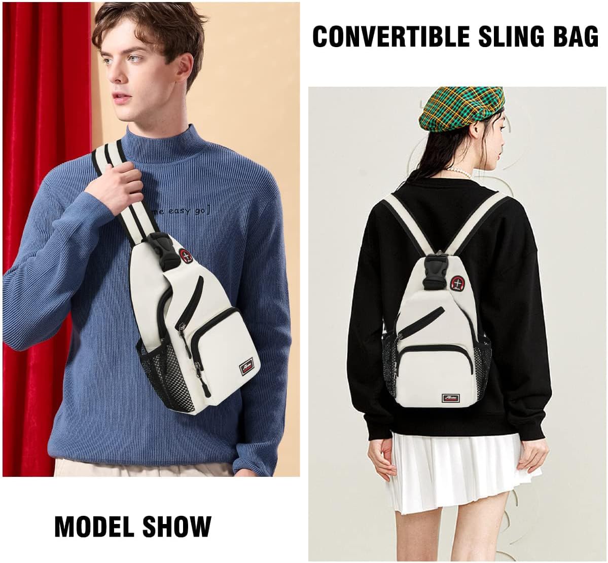 Mochila cruzada para hombres y mujeres, mochila de hombro, mochila de viaje, senderismo, bolsa de pecho, Blanco, Mochilas Sling