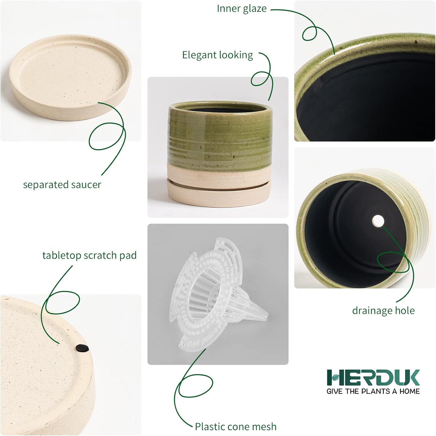 HERDUK Macetas de cerámica de 6 pulgadas con orificio de drenaje y platillo, maceta redonda cilíndrica para interiores y exteriores, verde y beige