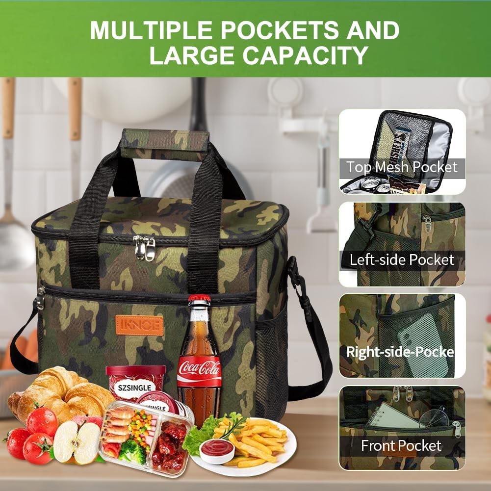Iknoe Bolsa térmica grande plegable para 24 latas, bolsas aisladas a prueba de fugas con múltiples bolsillos para adultos, lonchera aislada para