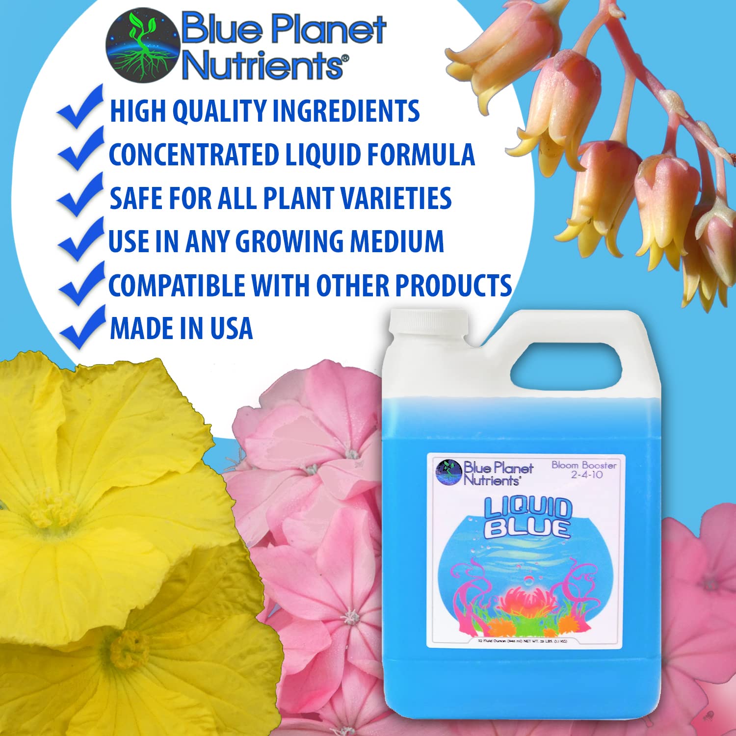Liquid Blue Bloom Booster (128 oz) galón  Suplemento de fósforo de potasio para floración  para todas las plantas y jardines  Blue Planet Nutrients