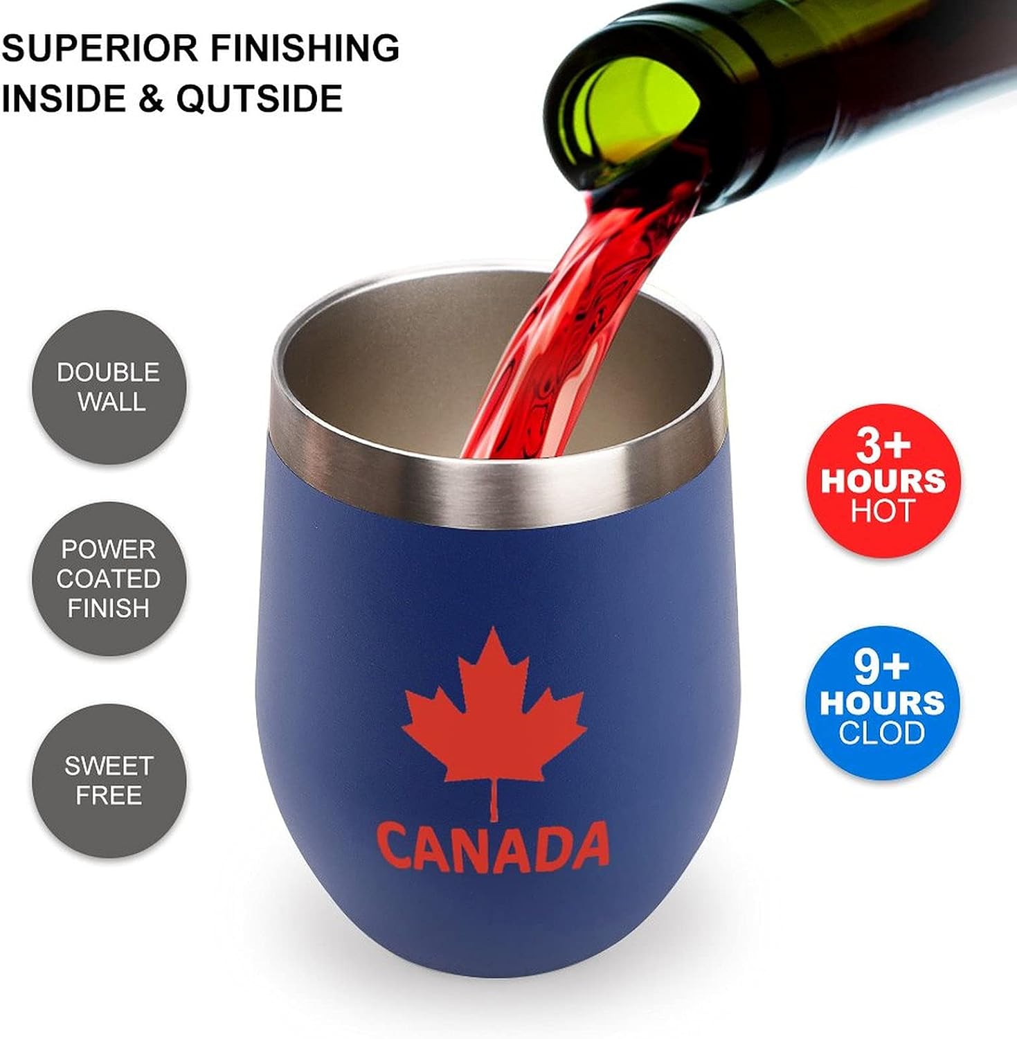 Vaso de vino de arce con tapa con la bandera de Canadá, tazas de acero inoxidable, taza de viaje con aislamiento al vacío de doble pared, 12 onzas