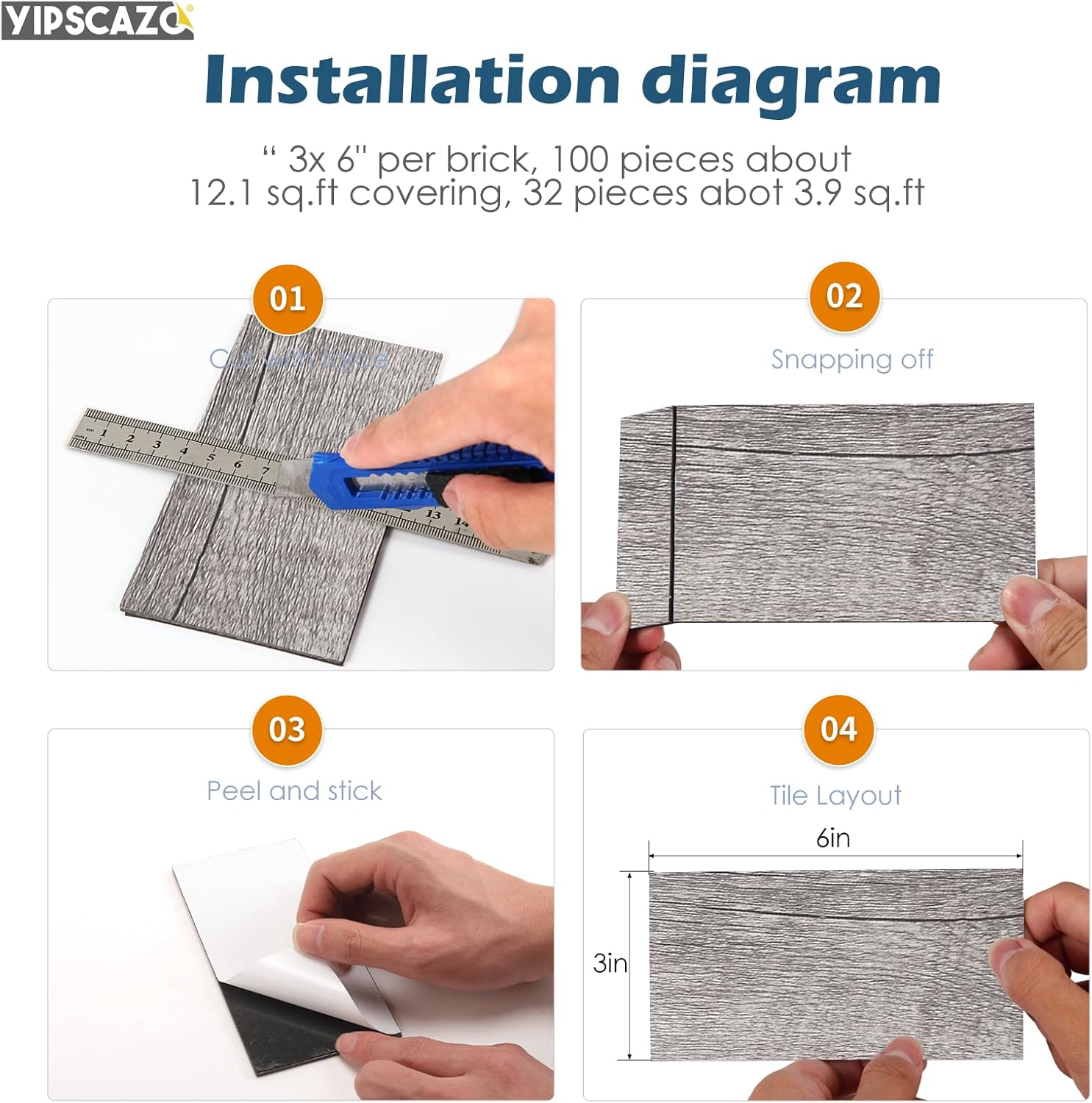 Yipscazo Azulejo de pared compuesto de PVC 3D de 3 x 6 pulgadas para despegar y pegar en azulejos para cocina, baño, lavandería, chimenea (gris