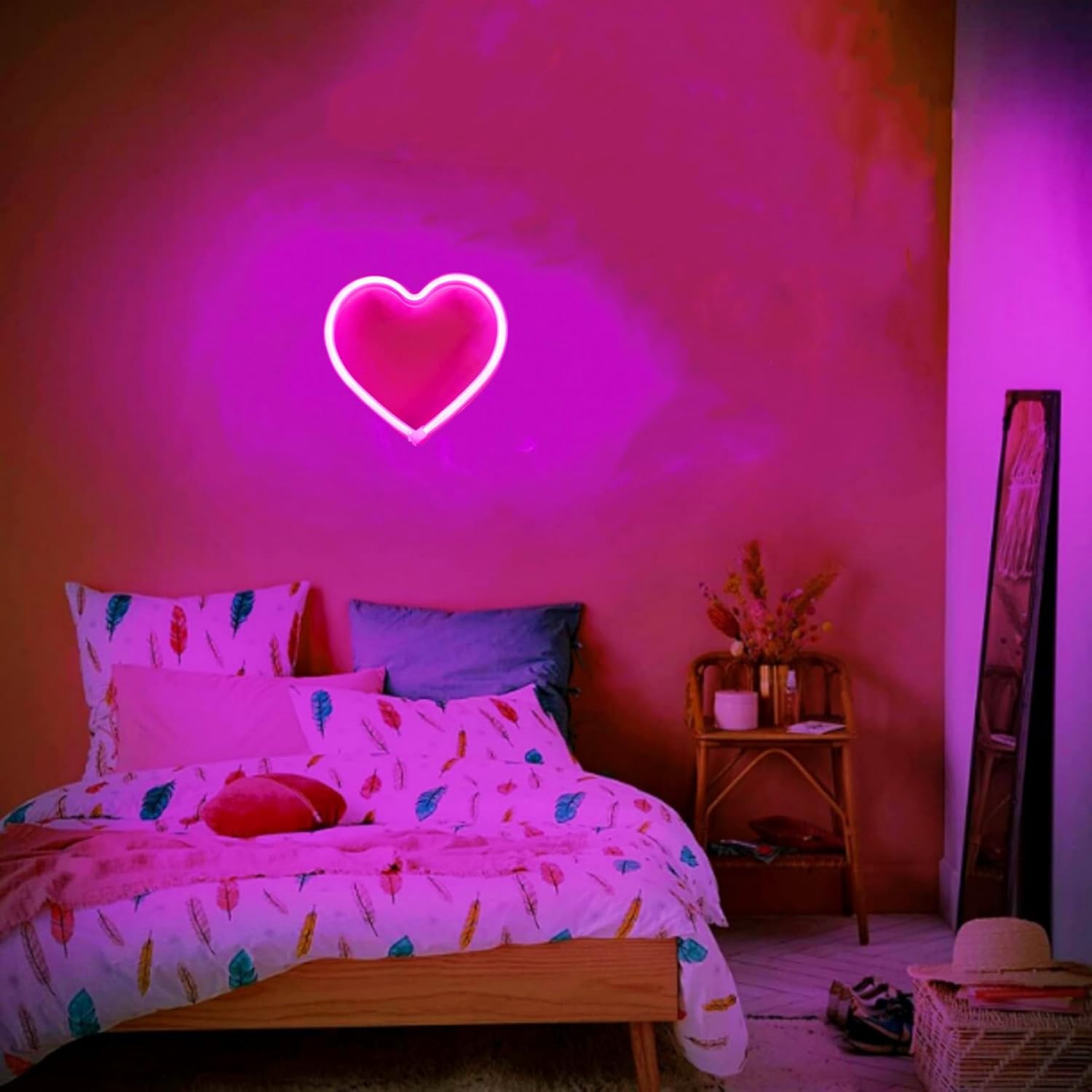 2 letreros de neón de corazón de San Valentín, funciona con pilas, luces LED de neón rosa, decoración de pared para dormitorio, cocina, puerta,