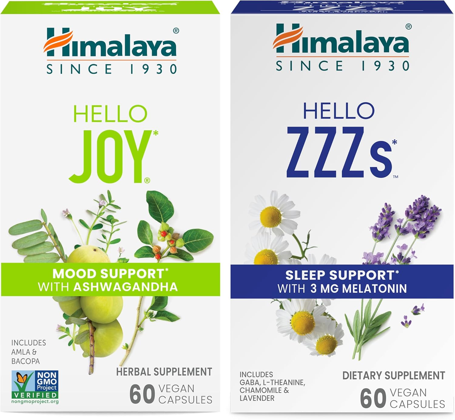 Himalaya Hello Joy con Ashwagandha para mejorar el estado de ánimo y los espíritus y Hello ZZZs con melatonina para apoyar el sueño, 60 cápsulas