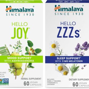 Himalaya Hello Joy con Ashwagandha para mejorar el estado de ánimo y los espíritus y Hello ZZZs con melatonina para apoyar el sueño, 60 cápsulas Himalaya Hello Joy con Ashwagandha para mejorar el estado de ánimo y los espíritus y Hello ZZZs con melatonina para apoyar el sueño, 60 cápsulas