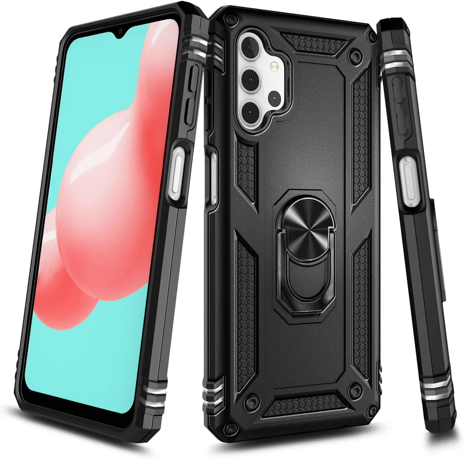 NZND Funda para Samsung Galaxy A32 5G con protector de pantalla de vidrio templado (cobertura máxima), soporte de anillo magnético de metal, cuerpo