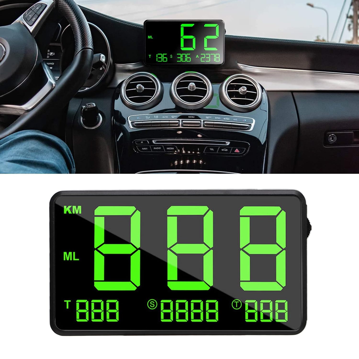 Pantalla frontal para automóvil HUD Pantalla superior Velocímetro de luz verde con velocidad Fatiga Advertencia de conducción sobre velocidad