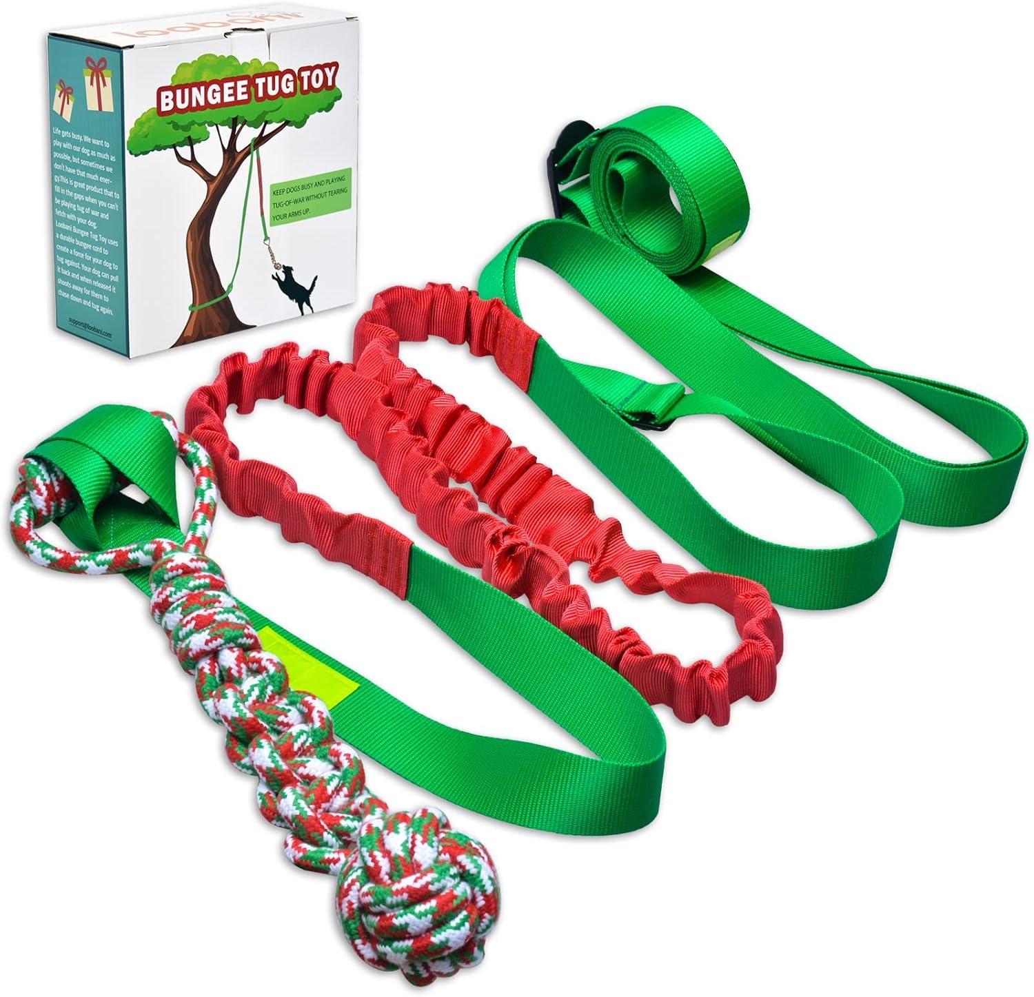 LOOBANI Juguete de remolque elástico para exteriores, juguete para perro para colgar del árbol para perros pequeños a grandes, cuerda de juego