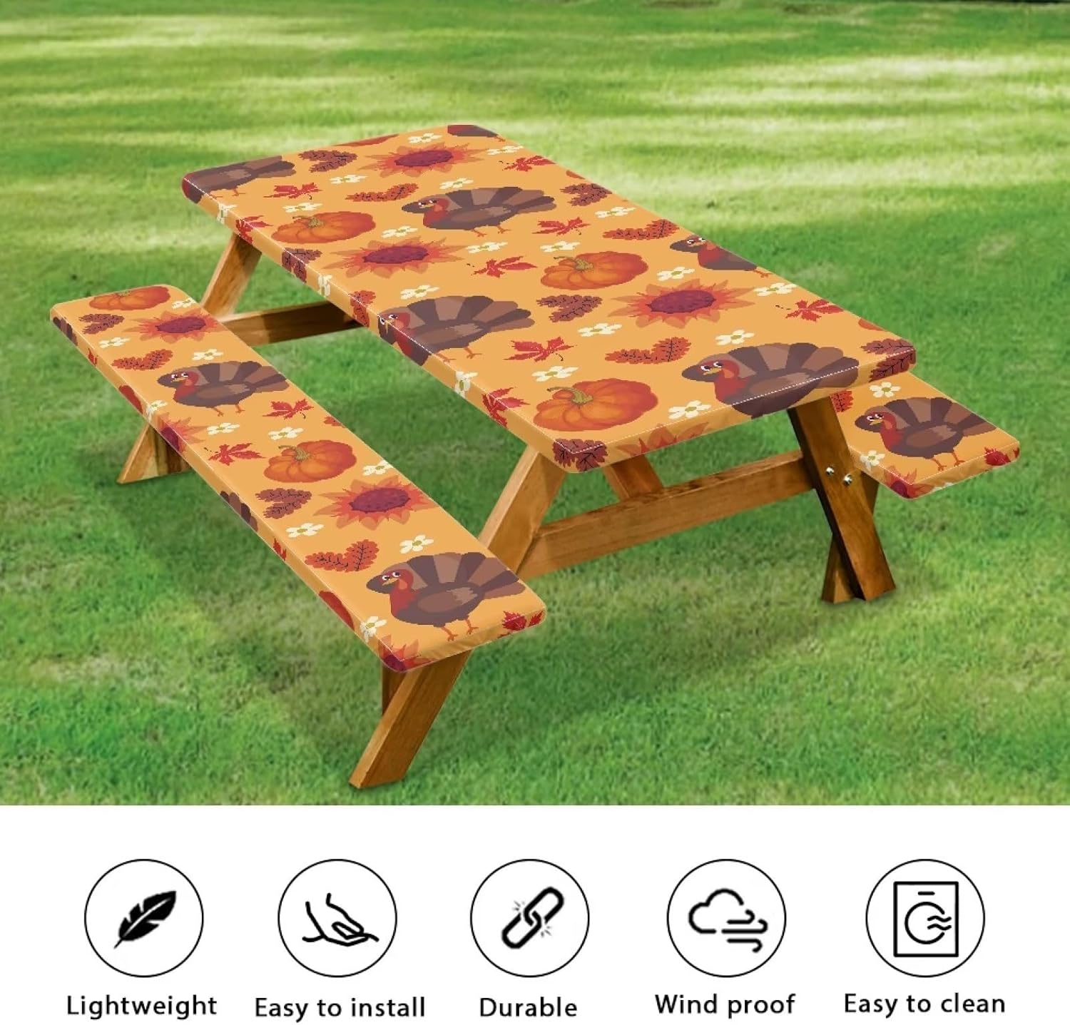 Eheartsgir Juego de 3 piezas de mantel de picnic con hojas de arce de pavo y girasol, lavable a máquina, fácil de instalar, funda para mesas y