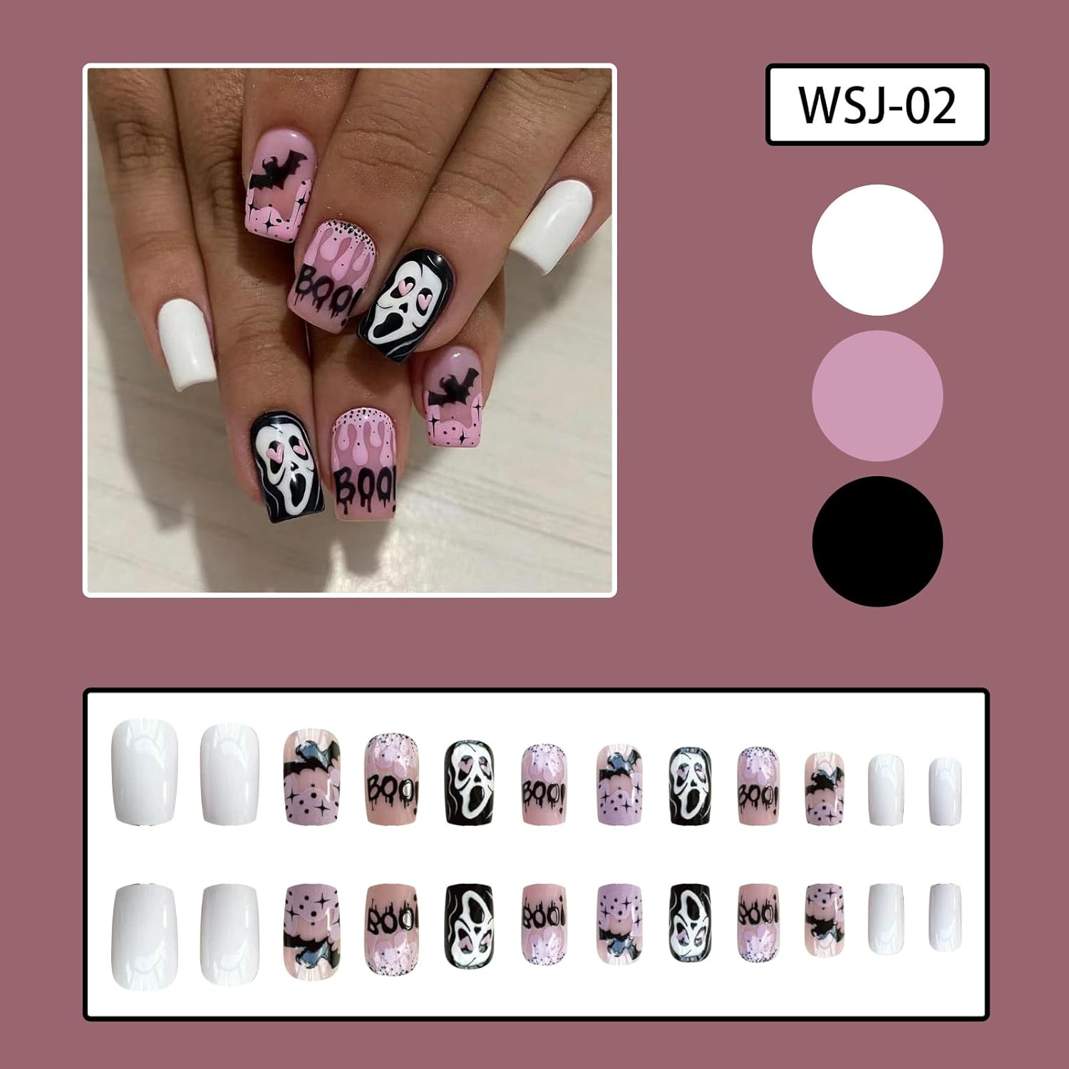 Uñas postizas a presión con diseño de fantasma, cuadradas, cortas, para Halloween, con diseño de cara de fantasma de murciélago negro, uñas