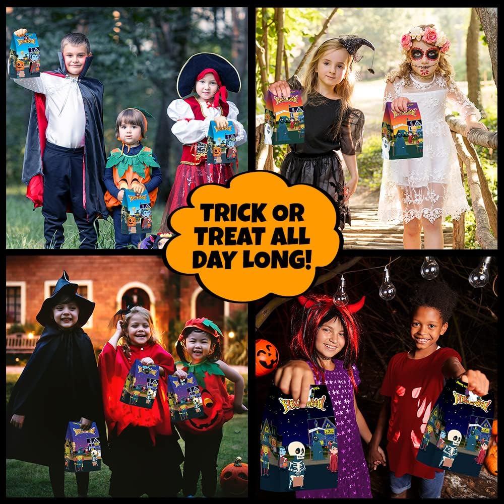 ArtCreativity Bolsas de golosinas de Halloween, juego de 24 bolsas de papel y 24 calcomanías, bolsas de dulces de Halloween de 10 pulgadas con