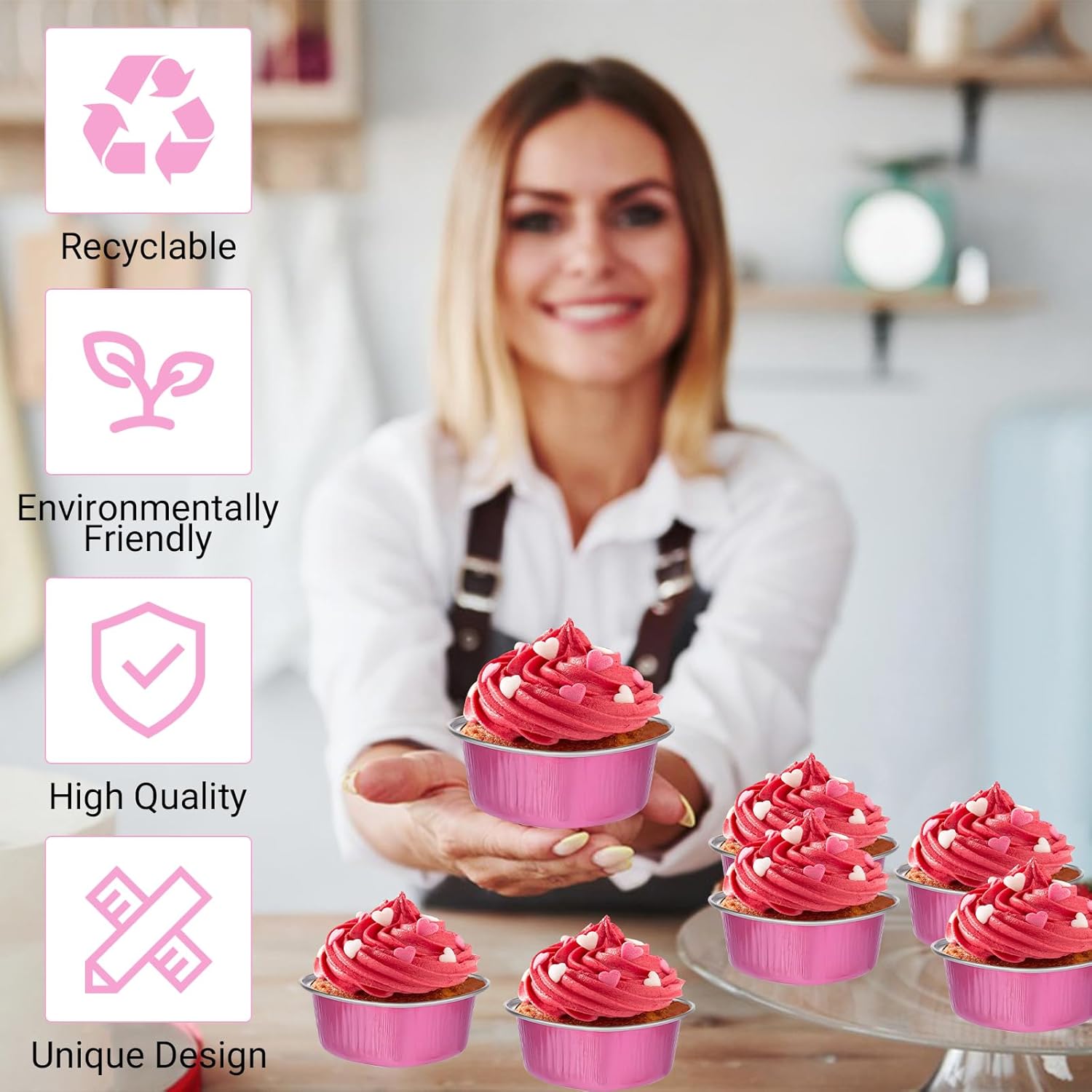 Moldes para pasteles con forma de corazón para hornear con tapas, 50 juegos de tazas de aluminio para cupcakes con tapas, 3.4 fl oz3.5 onzas, mini