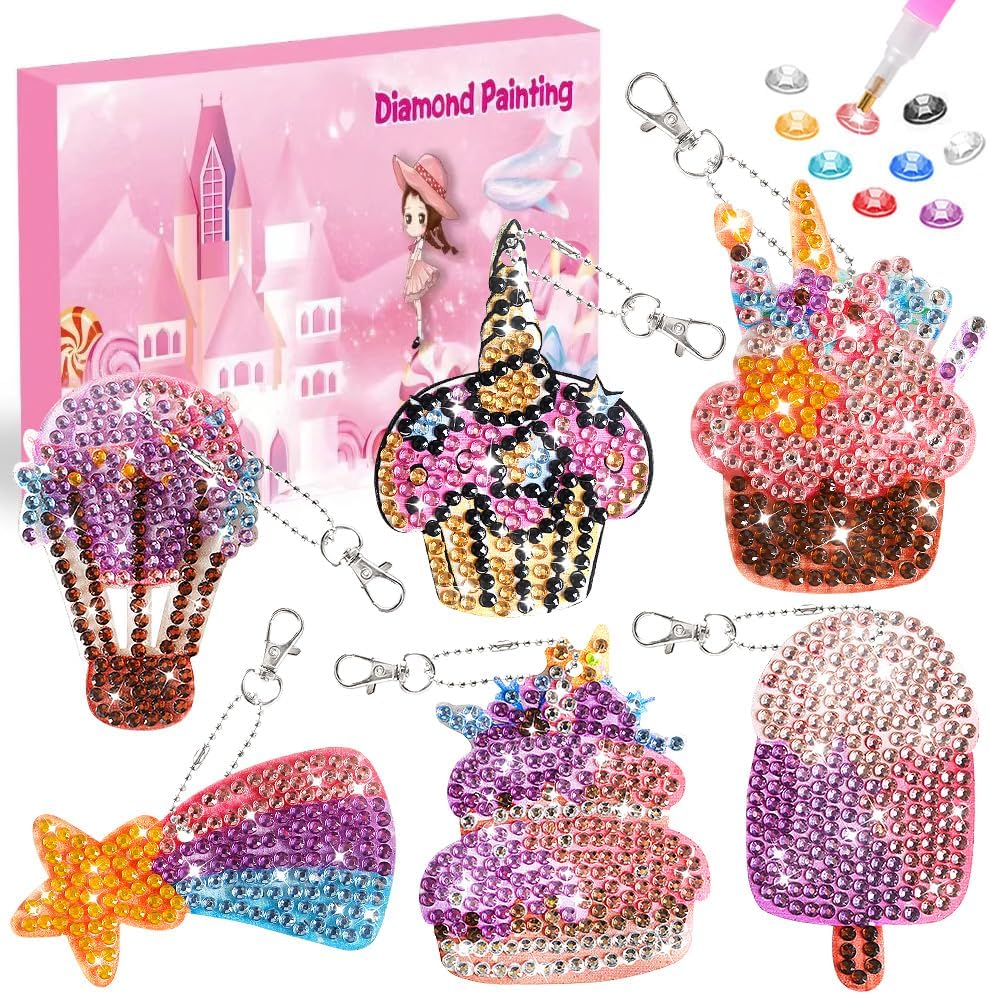 Kits de llaveros de diamante 5D para niños, 6 piezas de artes y manualidades para niños de 8 a 12 años, pintura por números para decoración de