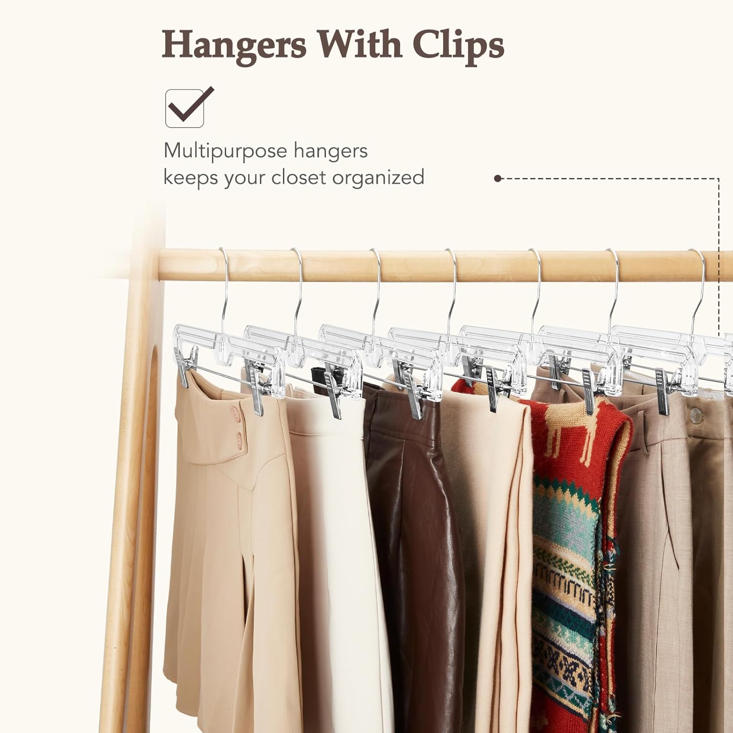 HOUSE DAY Perchas transparentes para faldas con clips, colgador de plástico antideslizante para pantalones con 2 clips ajustables, colgador de clip
