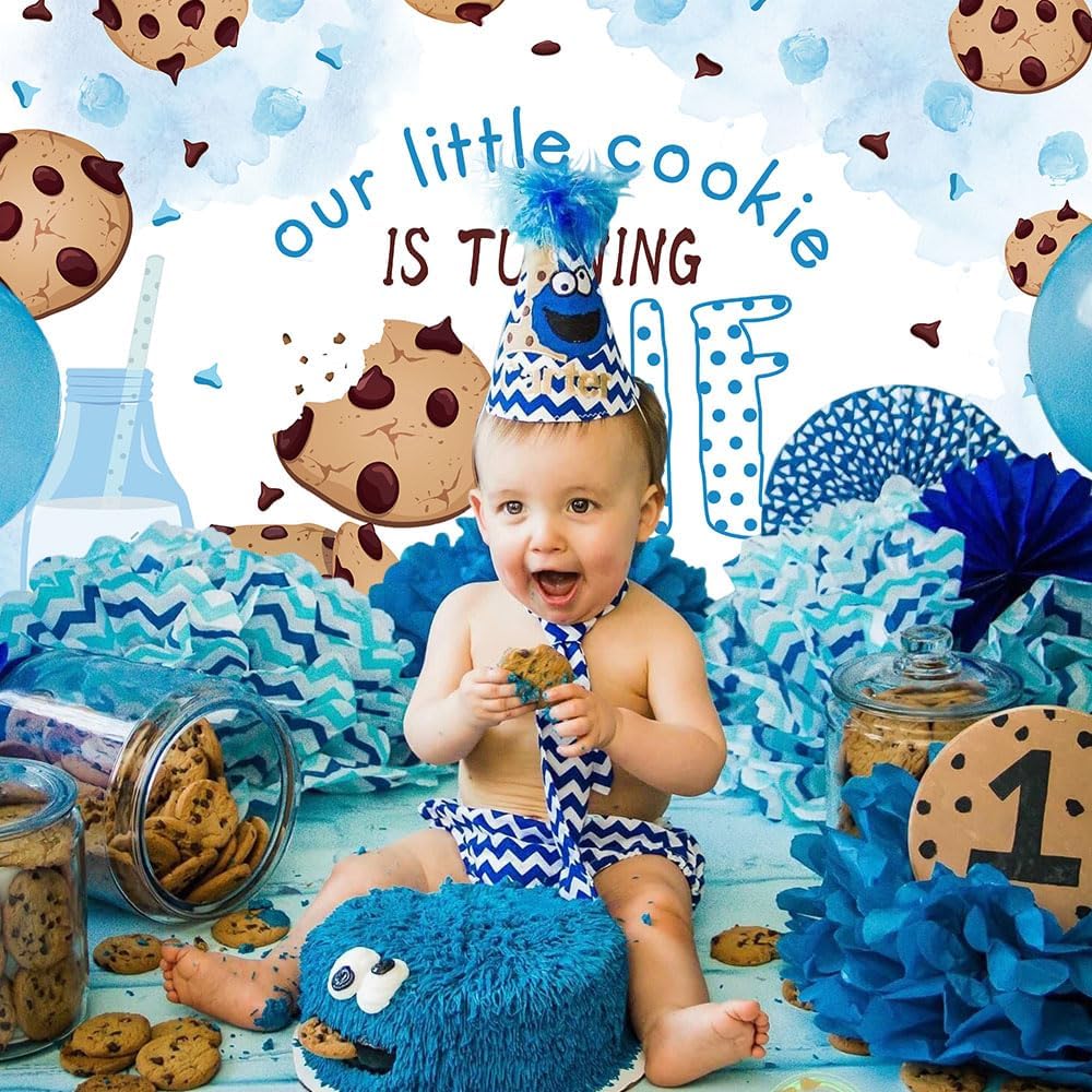 Our Little Cookie is Turning One, fondo de fiesta de primer cumpleaños, color azul y blanco, decoración de primer cumpleaños, 71 x 47 pulgadas