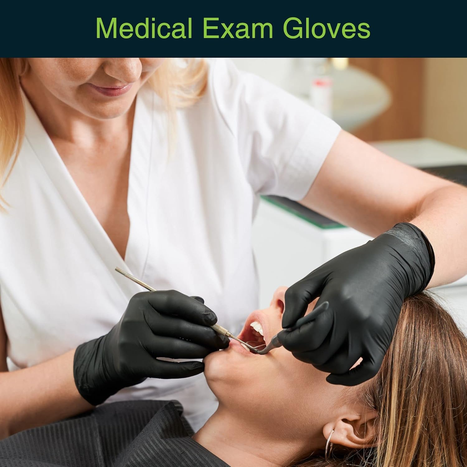 Paquete de 50 guantes desechables de nitrilo sin látex y sin polvo de grado médico para usos quirúrgicos y dentales (color negro, 3 milímetros de