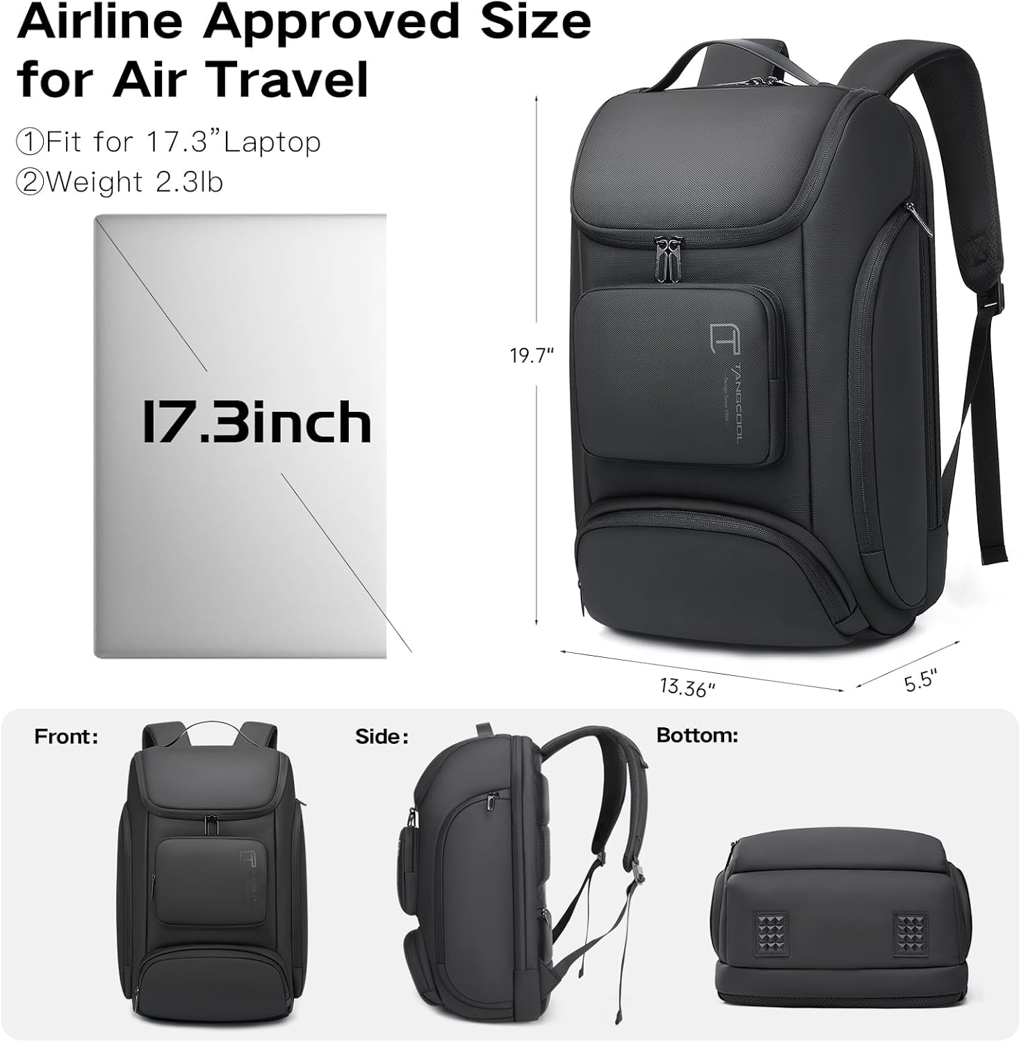Mochila inteligente para laptop de negocios,Viajes de trabajo diarios de transporte,Mochila de viaje para portátil de 17.3 pulgadas, Negro (25L),