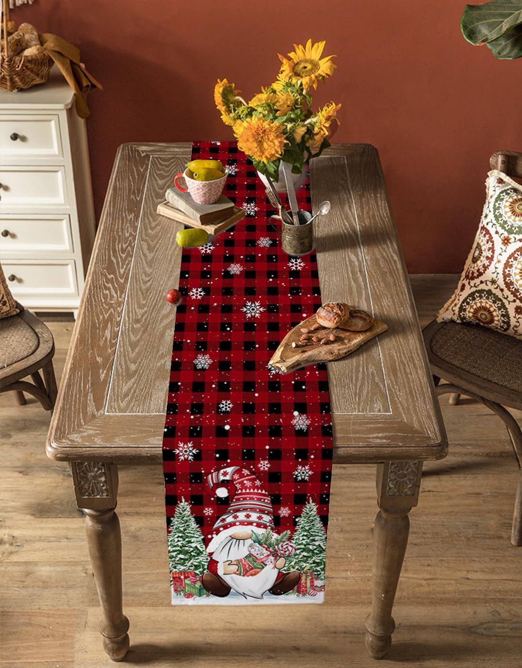 Camino de mesa de gnomo de Navidad a cuadros, copos de nieve de invierno y árbol de Navidad, bufandas de cocina, comedor, caminos de mesa para