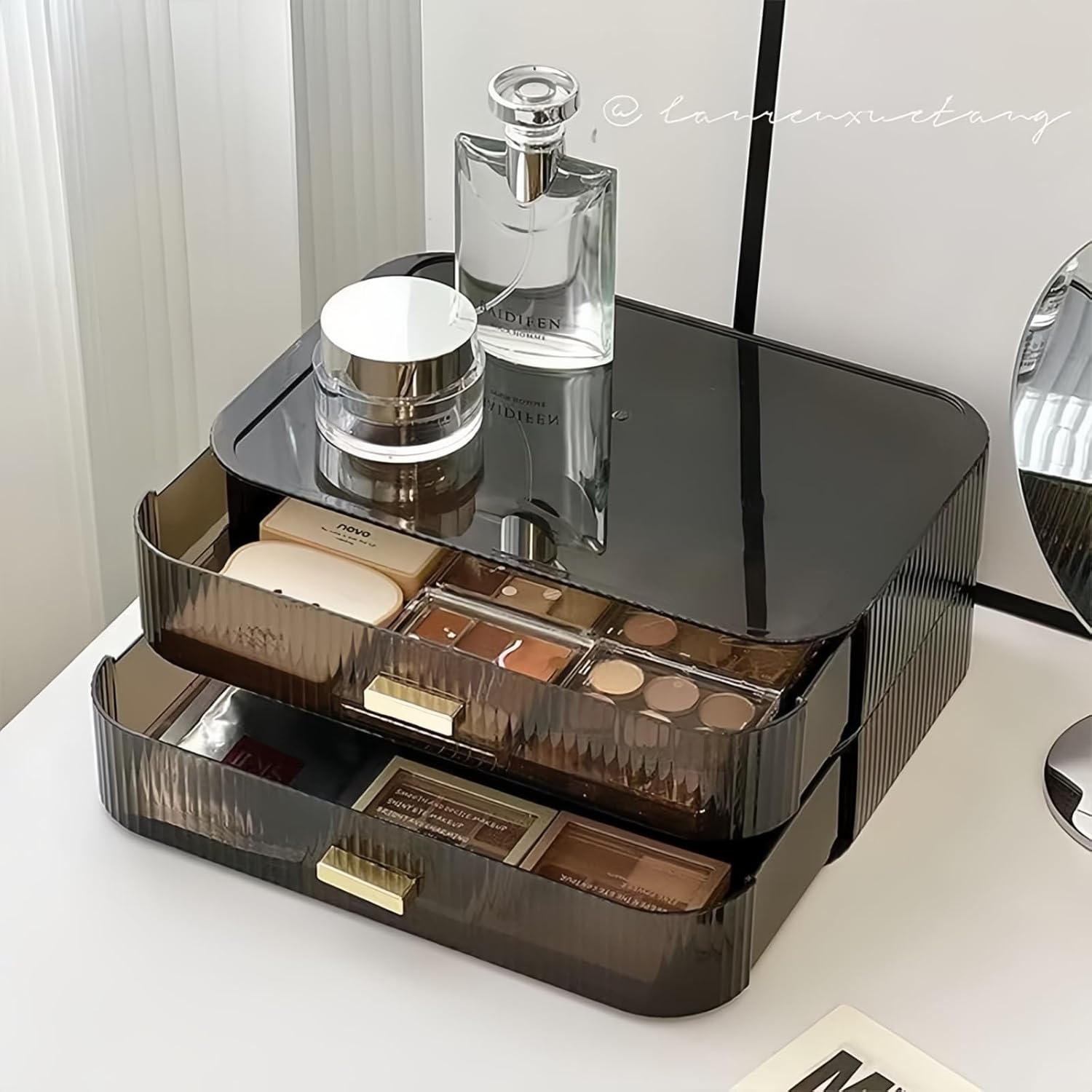 Decorcode Paquete de 2 organizadores de maquillaje apilables con cajones, almacenamiento de baño para paletas de sombras de ojos, cosméticos y