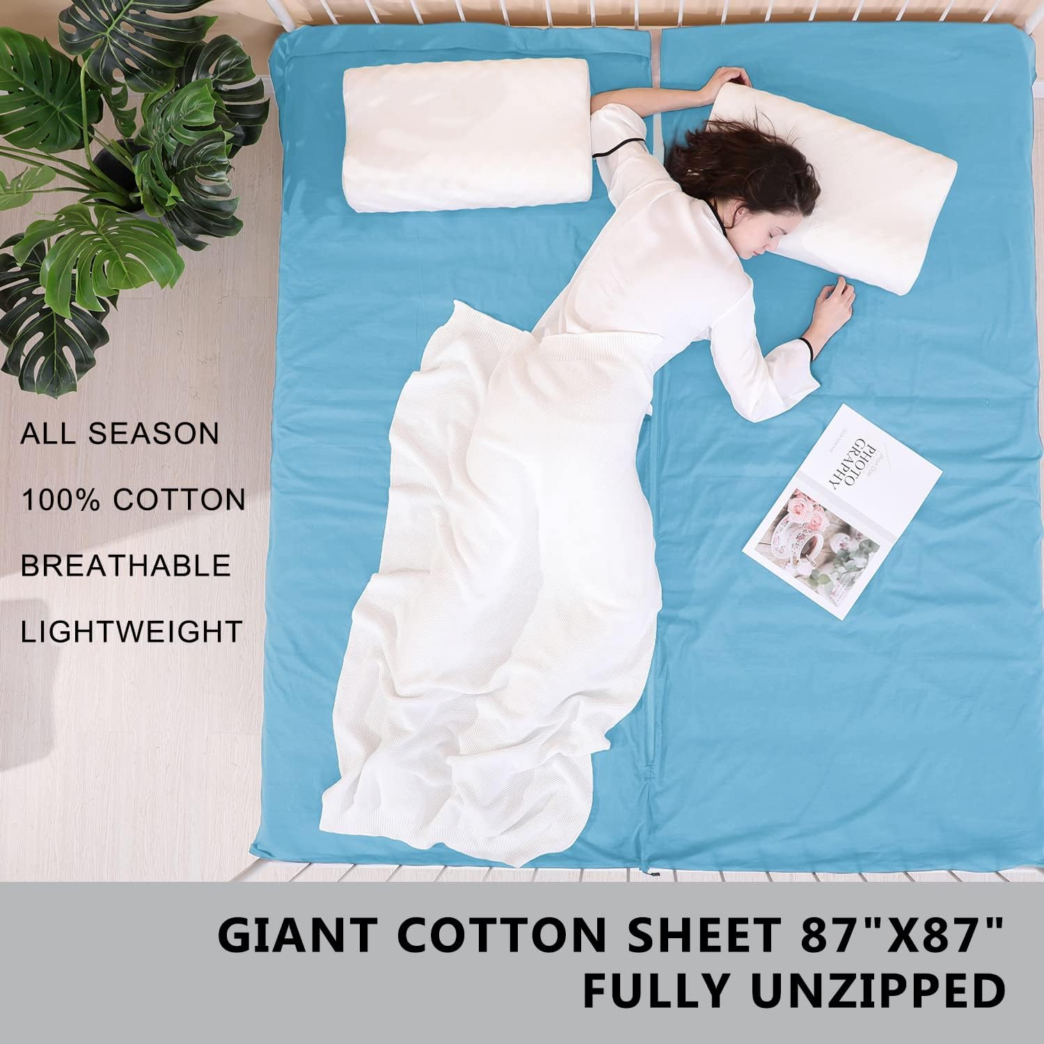 Forro para saco de dormir 100% algodón con cremalleras completas, saco de dormir grande de 87 x 43 pulgadas para adultos para viajes y campamentos,