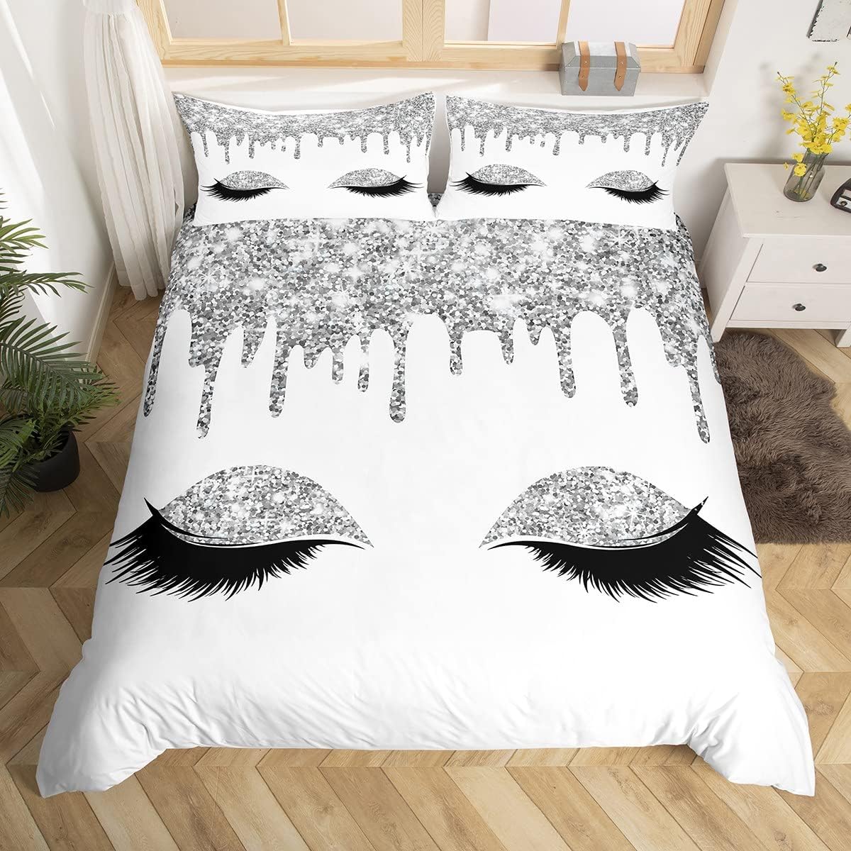 Feelyou Juego de ropa de cama de lujo para niñas, funda de edredón blanca con diseño de princesa femenina, funda de edredón brillante con hadas,