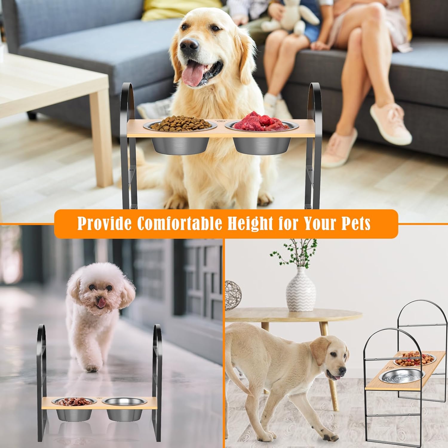Cuencos elevados para perros, cuencos elevados ajustables para perros con 2 cuencos de acero inoxidable, soporte de bambú para alimentos para