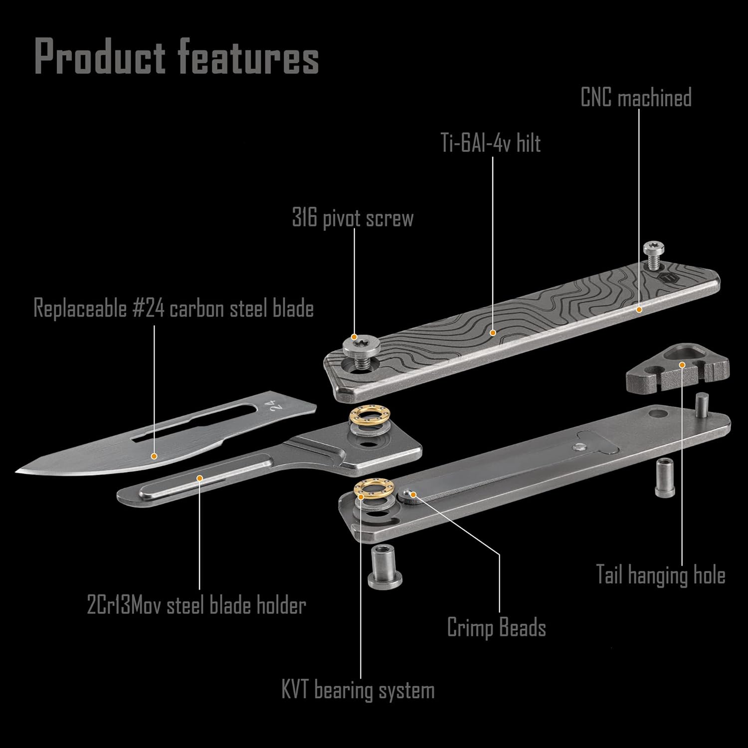 KeyUnity KK02 Cuchillo de bolsillo de titanio, cuchillo plegable de llavero de apertura rápida con cuchillas reemplazables #24 para transporte