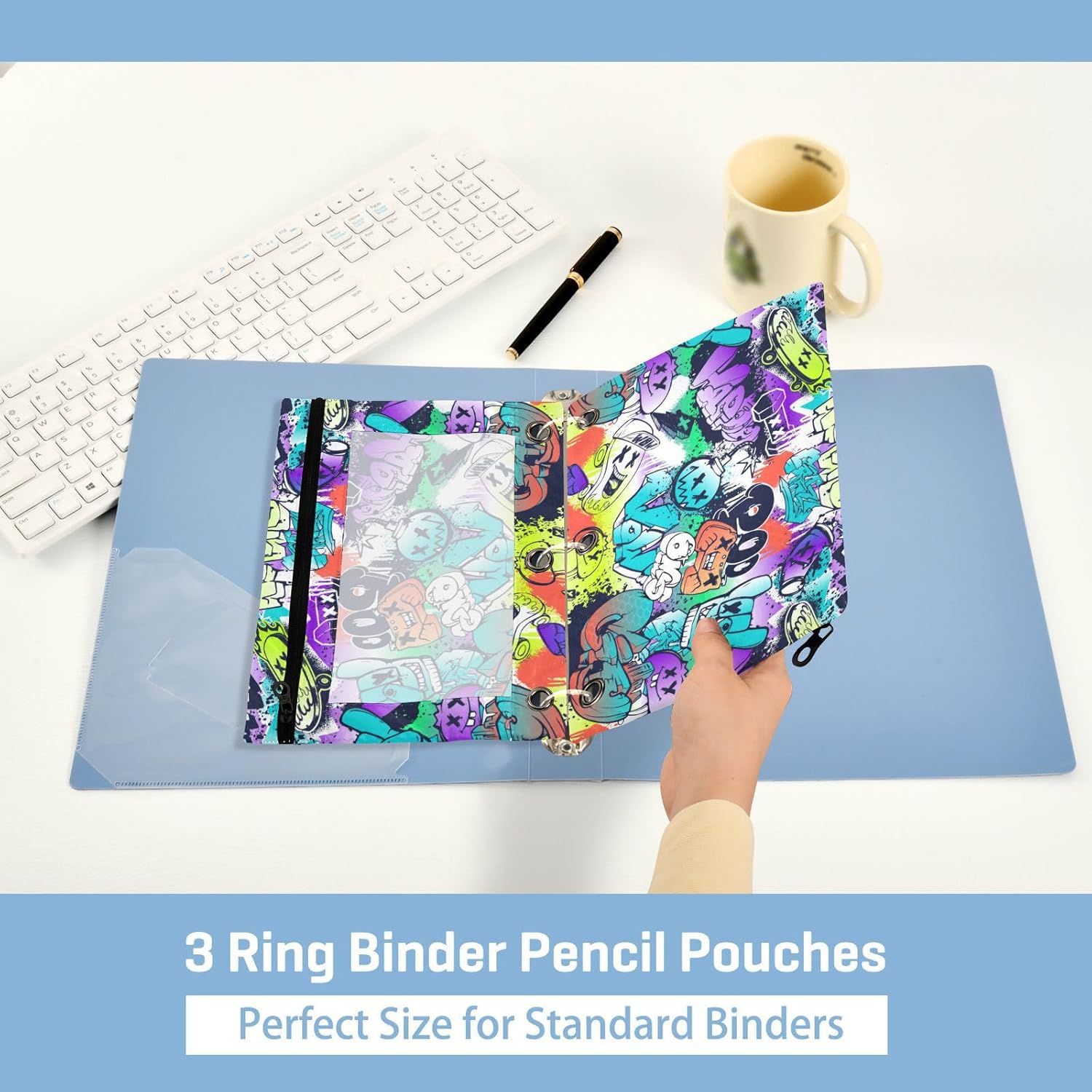 Estuche para lápices de 3 anillos con diseño de dibujos animados de graffiti abstracto, estuche de plástico transparente impermeable con cremallera,