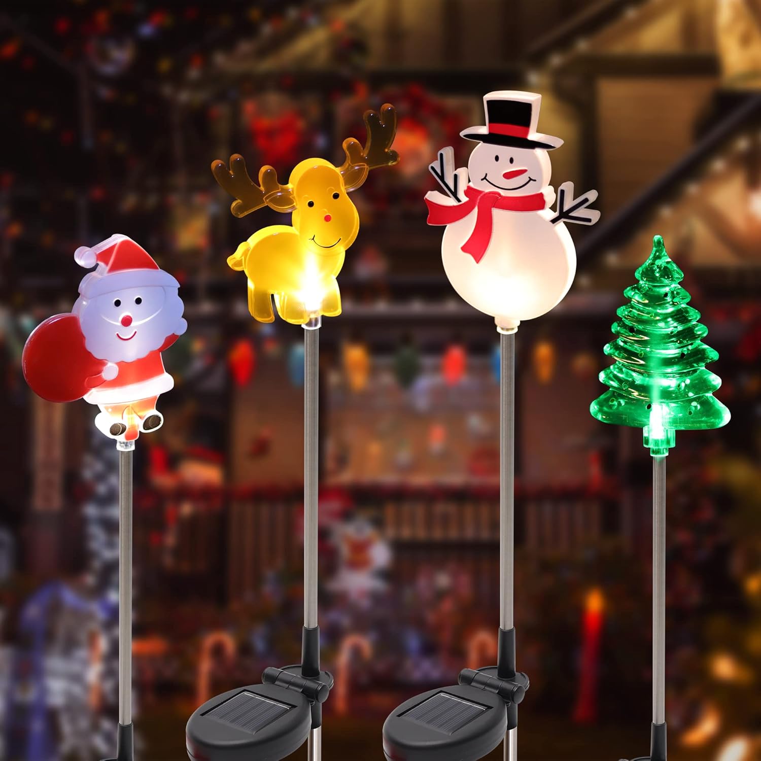 Glintoper Paquete de 4 luces solares de Navidad para exteriores, Papá Noel, muñeco de nieve, árbol de Navidad y reno con estacas de jardín,