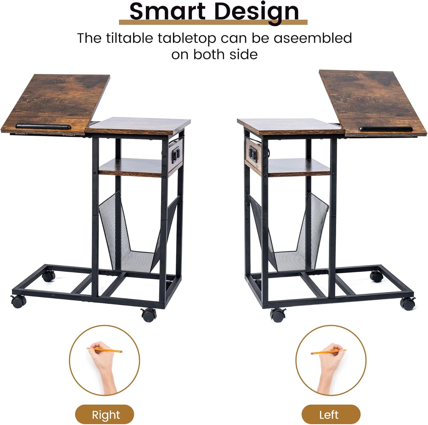 End Table C Shape with Charge Station, Tilting Top Side Table with Magazine Holder and Lockable Wheels, Easy Assembly for Living Room, Bedroom,