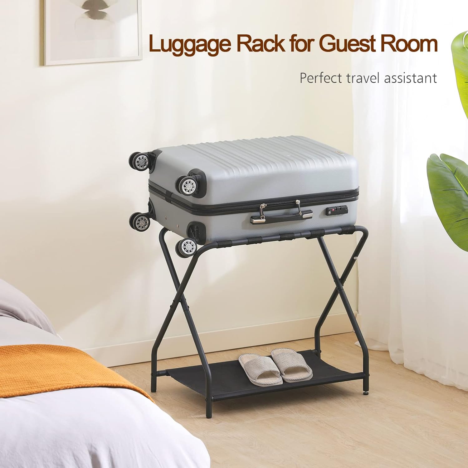 AMHANCIBLE Luggage Rack, Set of 2, Foldable Suitcase Stands for Guest Room, Metal Luggage Holder with Storage Shelf for Bedroom, Hotel, Easy